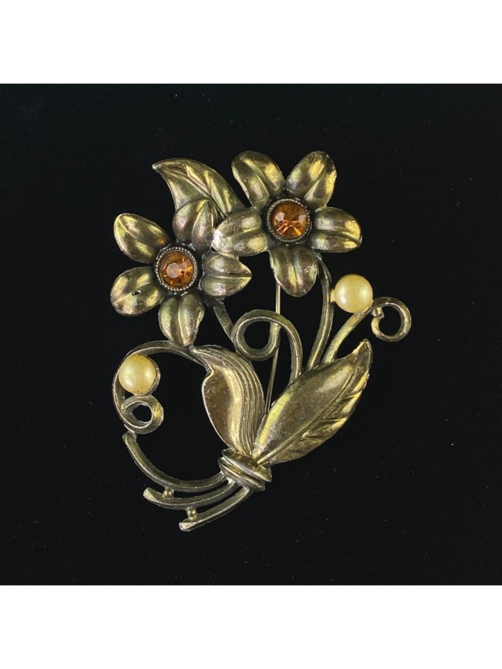 Vintage Little Nemo Flower Rhinestone Faux Pearl Brooch Pin
